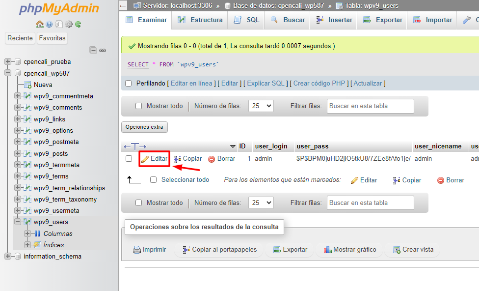 cambiar la contraseña en phpmyadmin