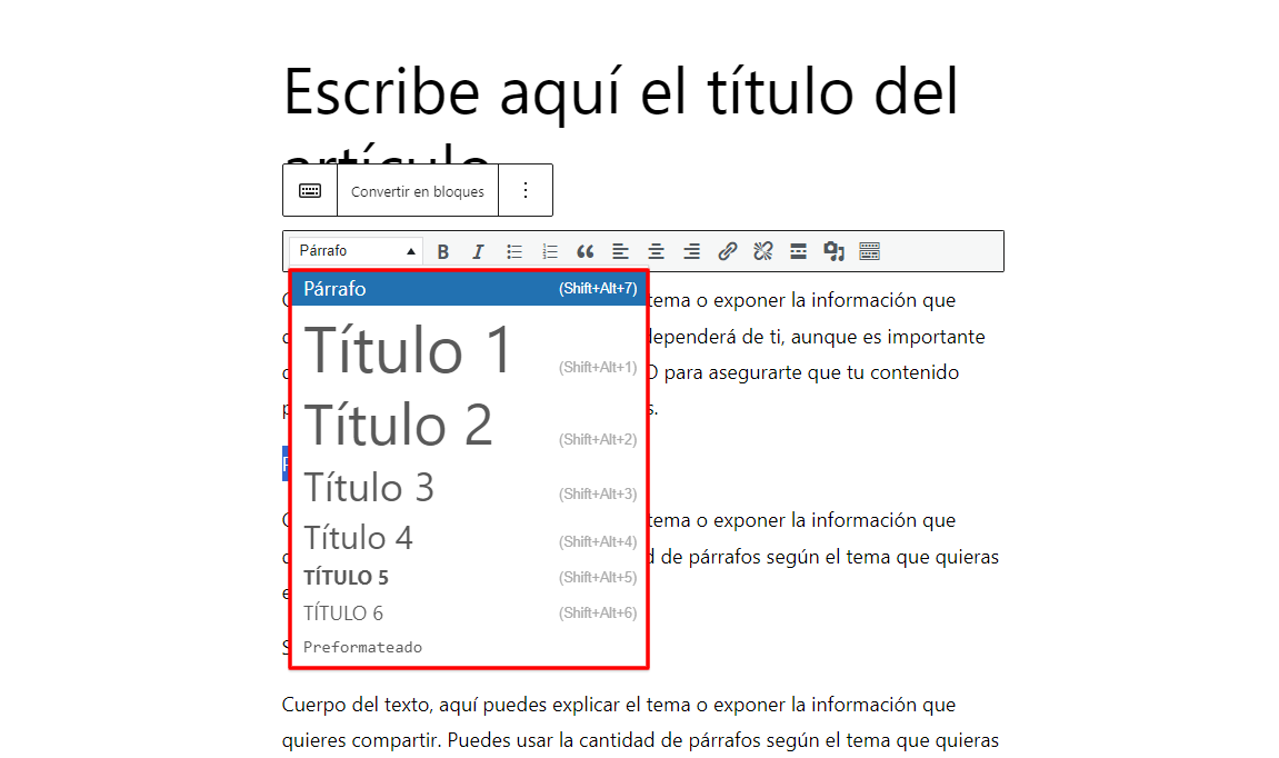 títulos y cuerpo del texto