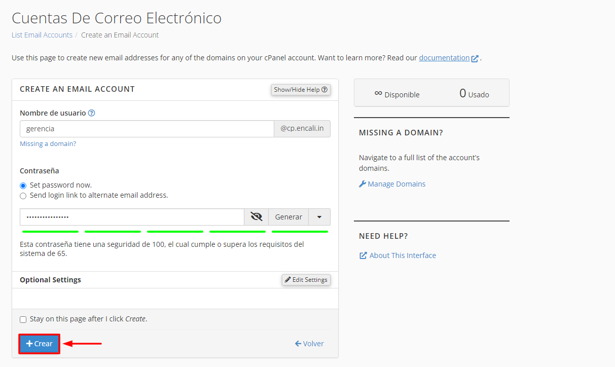 crear cuenta en cpanel